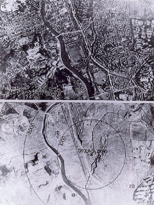 (Nagasaki prima e dopo l'esplosione - Foto © U.S National Archive Image/Wikipedia 1945)